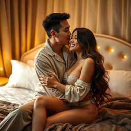 Inside a cozy and elegantly decorated bedroom, a Chinese man wearing soft, comfortable pajamas is gently hugging and kissing a beautiful, sexy woman