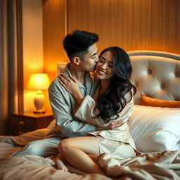 Inside a cozy and elegantly decorated bedroom, a Chinese man wearing soft, comfortable pajamas is gently hugging and kissing a beautiful, sexy woman