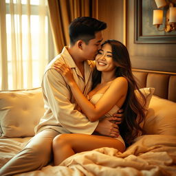 Inside a cozy and elegantly decorated bedroom, a Chinese man wearing soft, comfortable pajamas is gently hugging and kissing a beautiful, sexy woman
