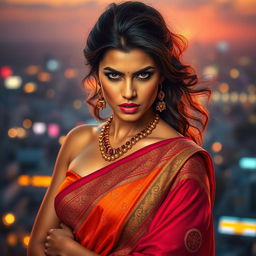 An angry hot woman wearing a beautiful, intricately designed saree, with bold colors and elegant patterns