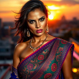 An angry hot woman wearing a beautiful, intricately designed saree, with bold colors and elegant patterns