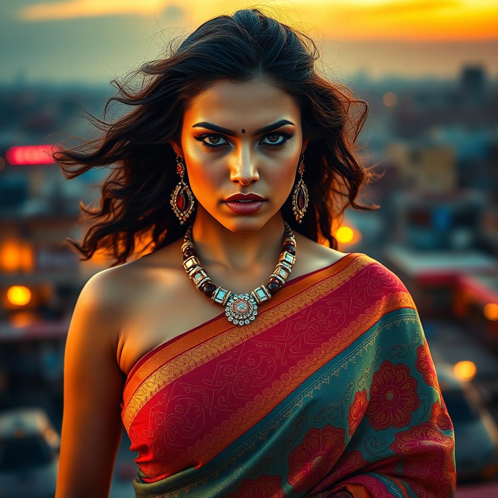 An angry hot woman wearing a beautiful, intricately designed saree, with bold colors and elegant patterns