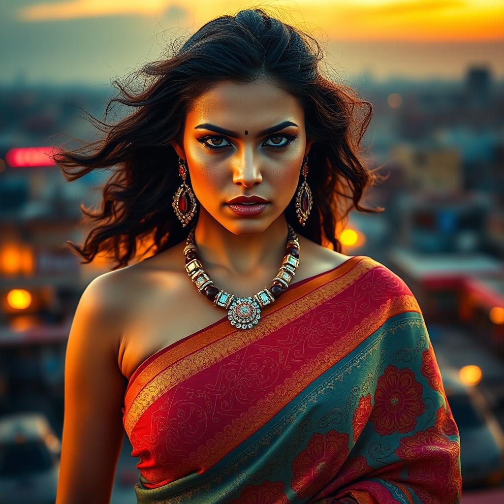 An angry hot woman wearing a beautiful, intricately designed saree, with bold colors and elegant patterns