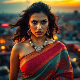 An angry hot woman wearing a beautiful, intricately designed saree, with bold colors and elegant patterns