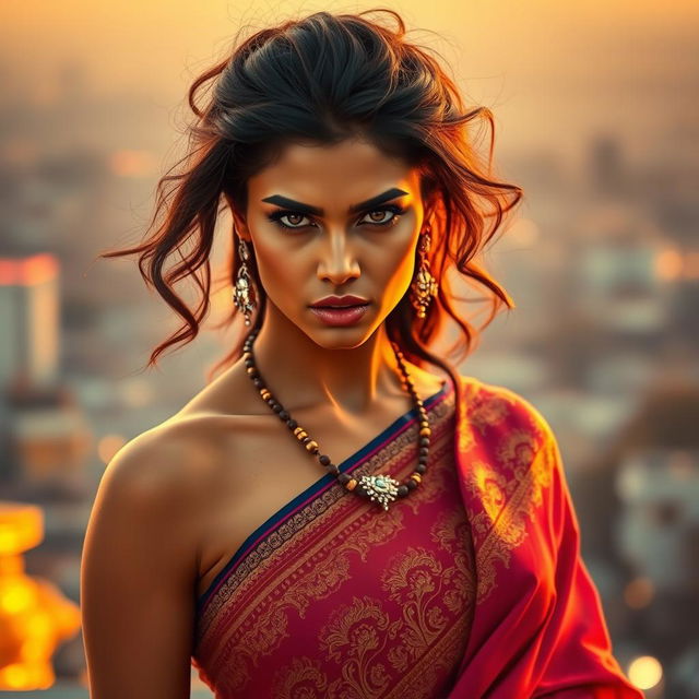 An angry hot woman wearing a beautiful, intricately designed saree, with bold colors and elegant patterns