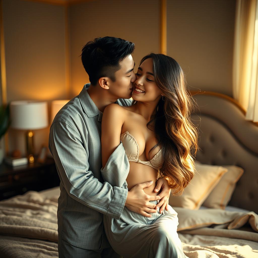 In a cozy and beautifully decorated bedroom, a Chinese man wearing comfortable pajamas is gently hugging and kissing a beautiful, sexy woman