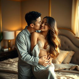 In a cozy and beautifully decorated bedroom, a Chinese man wearing comfortable pajamas is gently hugging and kissing a beautiful, sexy woman