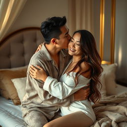 In a cozy and beautifully decorated bedroom, a Chinese man wearing comfortable pajamas is gently hugging and kissing a beautiful, sexy woman