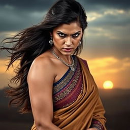 An angry beautiful woman wearing a stylish saree, her expression fierce and intimidating
