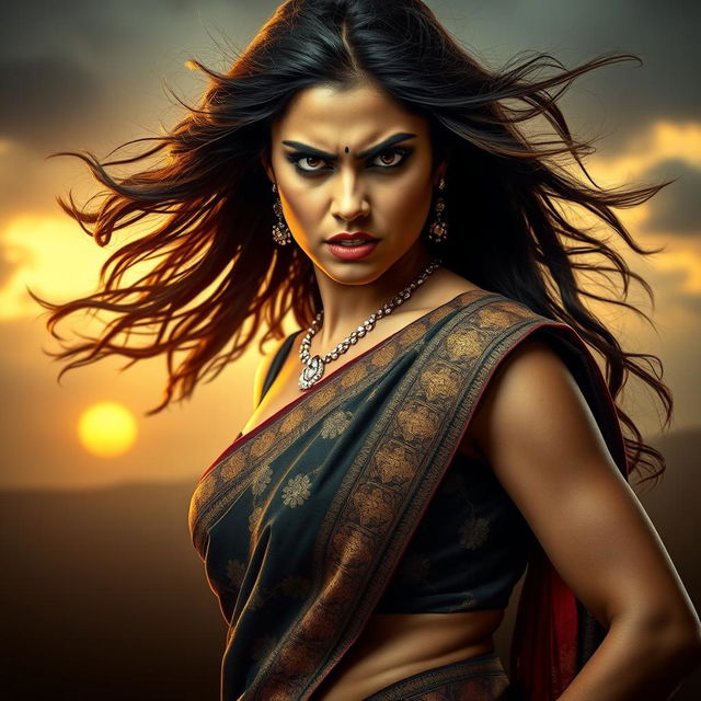 An angry beautiful woman wearing a stylish saree, her expression fierce and intimidating