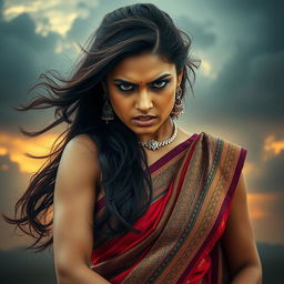 An angry beautiful woman wearing a stylish saree, her expression fierce and intimidating