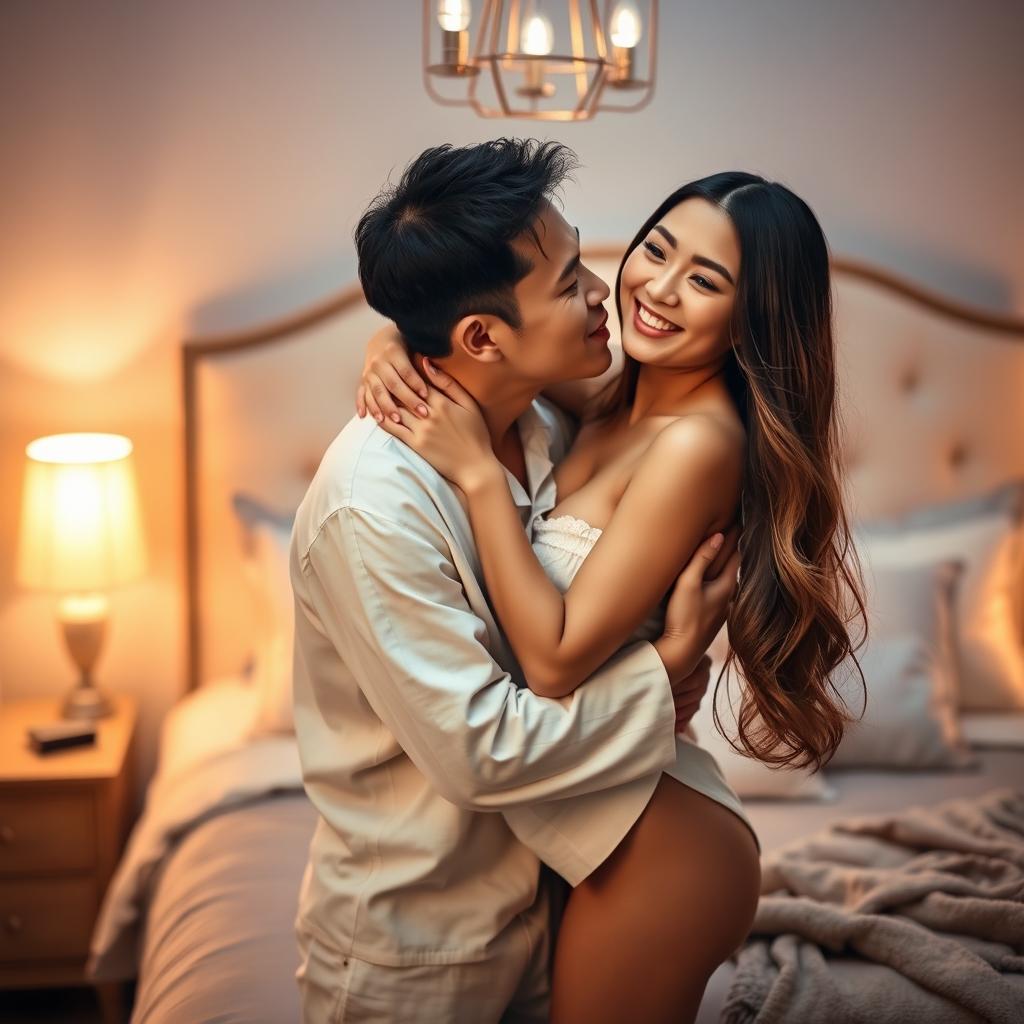 In a charmingly decorated bedroom filled with warm, soft lighting, a Chinese man in light, comfortable pajamas is tenderly hugging and kissing a beautiful, sexy woman