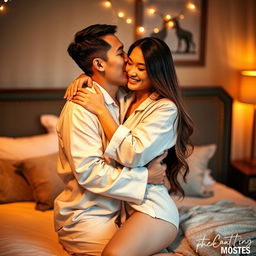 In a charmingly decorated bedroom filled with warm, soft lighting, a Chinese man in light, comfortable pajamas is tenderly hugging and kissing a beautiful, sexy woman