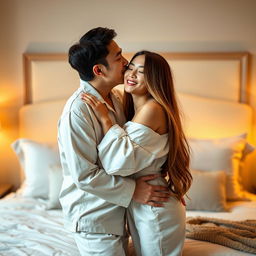 In a charmingly decorated bedroom filled with warm, soft lighting, a Chinese man in light, comfortable pajamas is tenderly hugging and kissing a beautiful, sexy woman