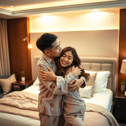 In a cozy and tastefully decorated bedroom, a Chinese man dressed in comfortable pajamas tenderly hugs and kisses a beautiful, sexy woman