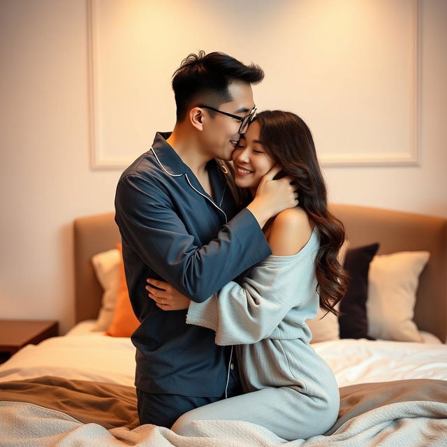 In a cozy and tastefully decorated bedroom, a Chinese man dressed in comfortable pajamas tenderly hugs and kisses a beautiful, sexy woman