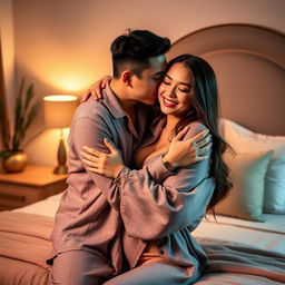 In a cozy and tastefully decorated bedroom, a Chinese man dressed in comfortable pajamas tenderly hugs and kisses a beautiful, sexy woman