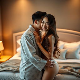 In a cozy and tastefully decorated bedroom, a Chinese man dressed in comfortable pajamas tenderly hugs and kisses a beautiful, sexy woman