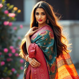 A glamorous and stunning woman draped in a beautifully designed saree, featuring intricate patterns and vibrant colors