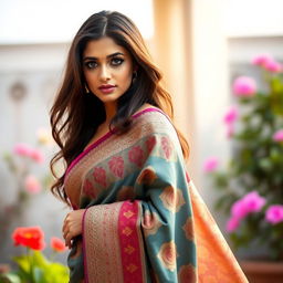 A glamorous and stunning woman draped in a beautifully designed saree, featuring intricate patterns and vibrant colors