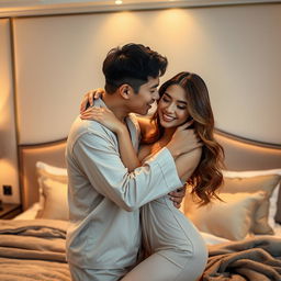 Inside a plush, elegantly adorned bedroom, a Chinese man in light, comfortable pajamas is tenderly hugging and kissing a beautiful, sexy woman