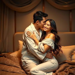 Inside a plush, elegantly adorned bedroom, a Chinese man in light, comfortable pajamas is tenderly hugging and kissing a beautiful, sexy woman