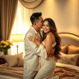 Inside a plush, elegantly adorned bedroom, a Chinese man in light, comfortable pajamas is tenderly hugging and kissing a beautiful, sexy woman