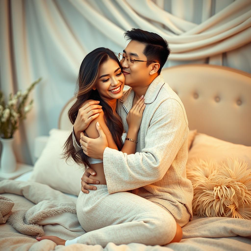 In a beautifully decorated bedroom adorned with soft, inviting textiles, a Chinese man wearing cozy pajamas lovingly hugs and kisses a stunning, sexy woman