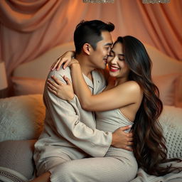 In a beautifully decorated bedroom adorned with soft, inviting textiles, a Chinese man wearing cozy pajamas lovingly hugs and kisses a stunning, sexy woman