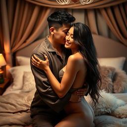 In a beautifully decorated bedroom adorned with soft, inviting textiles, a Chinese man wearing cozy pajamas lovingly hugs and kisses a stunning, sexy woman