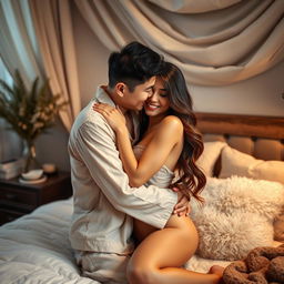 In a beautifully decorated bedroom adorned with soft, inviting textiles, a Chinese man wearing cozy pajamas lovingly hugs and kisses a stunning, sexy woman