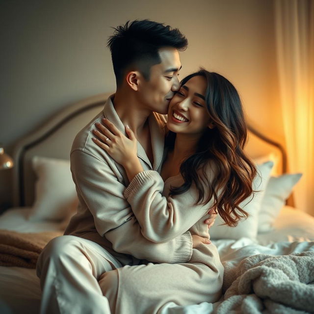 In a beautifully cozy bedroom, a Chinese man in soft, comfy pajamas embraces and kisses a beautiful, sexy woman