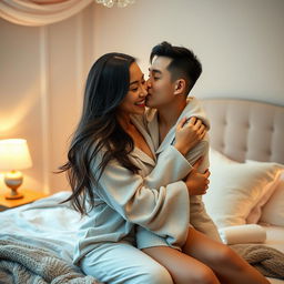 In a beautifully cozy bedroom, a Chinese man in soft, comfy pajamas embraces and kisses a beautiful, sexy woman