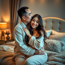 In a beautifully cozy bedroom, a Chinese man in soft, comfy pajamas embraces and kisses a beautiful, sexy woman