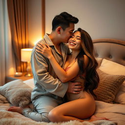 In a beautifully cozy bedroom, a Chinese man in soft, comfy pajamas embraces and kisses a beautiful, sexy woman