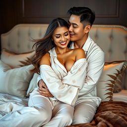 In a beautifully styled bedroom, a Chinese man clad in comfortable pajamas lovingly embraces and kisses a gorgeous, sexy woman