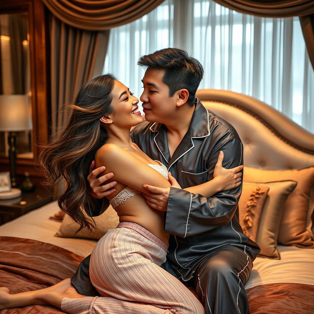 In a beautifully styled bedroom, a Chinese man clad in comfortable pajamas lovingly embraces and kisses a gorgeous, sexy woman