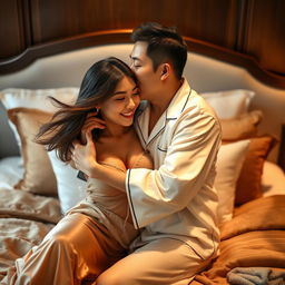 In a beautifully styled bedroom, a Chinese man clad in comfortable pajamas lovingly embraces and kisses a gorgeous, sexy woman