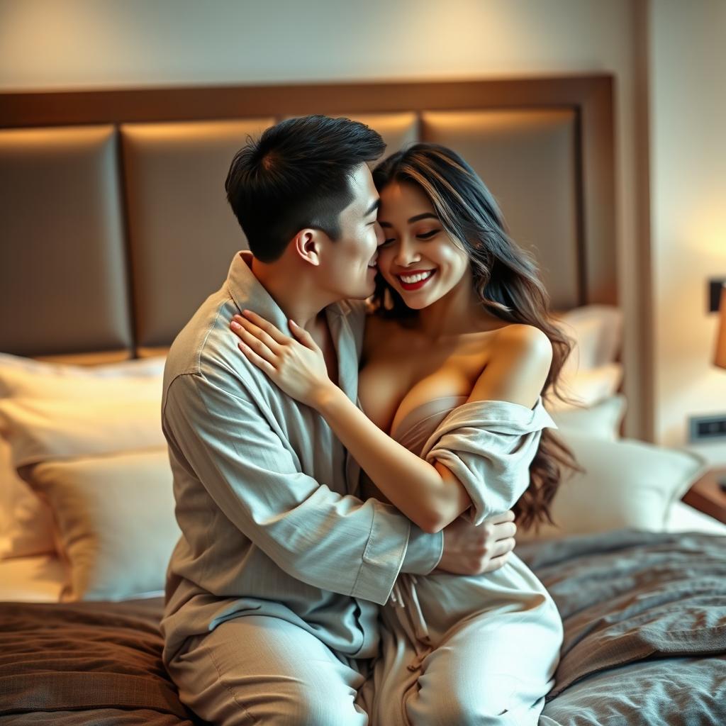 In a beautifully styled bedroom, a Chinese man clad in comfortable pajamas lovingly embraces and kisses a gorgeous, sexy woman