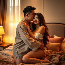 In a cozy and elegantly designed bedroom, a Chinese man dressed in soft, comfortable pajamas tenderly hugs and kisses a beautiful, sexy woman