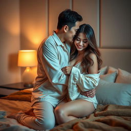In a cozy and elegantly designed bedroom, a Chinese man dressed in soft, comfortable pajamas tenderly hugs and kisses a beautiful, sexy woman
