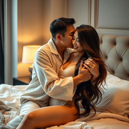 In a cozy and elegantly designed bedroom, a Chinese man dressed in soft, comfortable pajamas tenderly hugs and kisses a beautiful, sexy woman