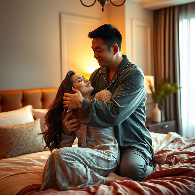 In a cozy and elegantly designed bedroom, a Chinese man dressed in soft, comfortable pajamas tenderly hugs and kisses a beautiful, sexy woman