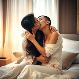 In a warm and inviting bedroom, a Chinese man wearing soft, comfortable pajamas lovingly hugs and kisses a stunningly beautiful, sexy woman