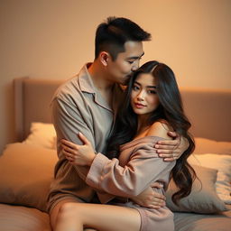 In a warm and inviting bedroom, a Chinese man wearing soft, comfortable pajamas lovingly hugs and kisses a stunningly beautiful, sexy woman