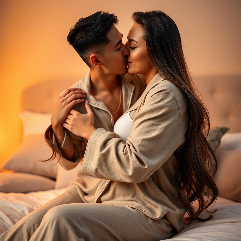 In a warm and inviting bedroom, a Chinese man wearing soft, comfortable pajamas lovingly hugs and kisses a stunningly beautiful, sexy woman