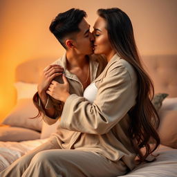 In a warm and inviting bedroom, a Chinese man wearing soft, comfortable pajamas lovingly hugs and kisses a stunningly beautiful, sexy woman