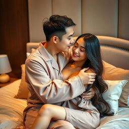 In a cozy, tastefully decorated bedroom, a Chinese man wearing soft, comfortable pajamas tenderly hugs and kisses a stunningly beautiful, sexy woman