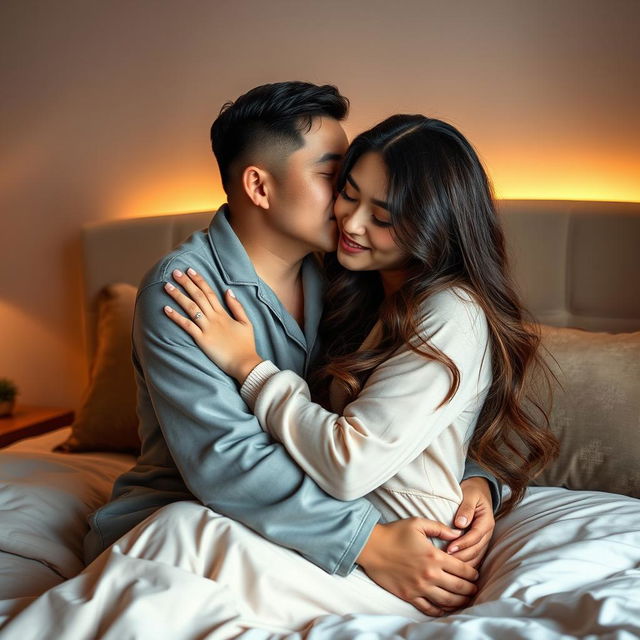 In a cozy, tastefully decorated bedroom, a Chinese man wearing soft, comfortable pajamas tenderly hugs and kisses a stunningly beautiful, sexy woman