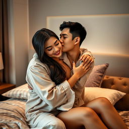 In a cozy, tastefully decorated bedroom, a Chinese man wearing soft, comfortable pajamas tenderly hugs and kisses a stunningly beautiful, sexy woman